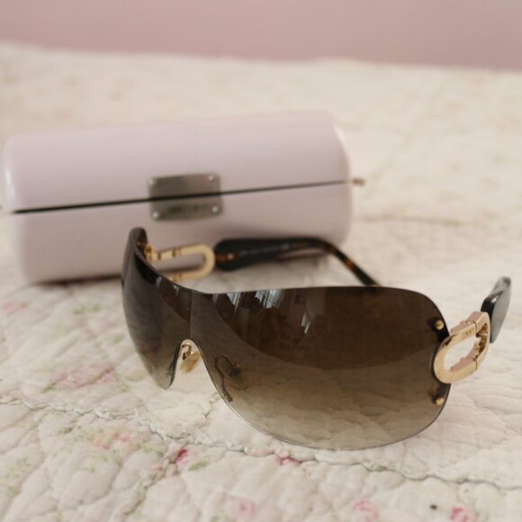Jimmy Choo Y2K Gradient Rimless Rectangle Wrap Sunglasses Gold/Brown - Picture 1 of 9